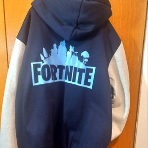 Fortnite Jacket, Boys size Large, blue and gray, fleece material on the inside.